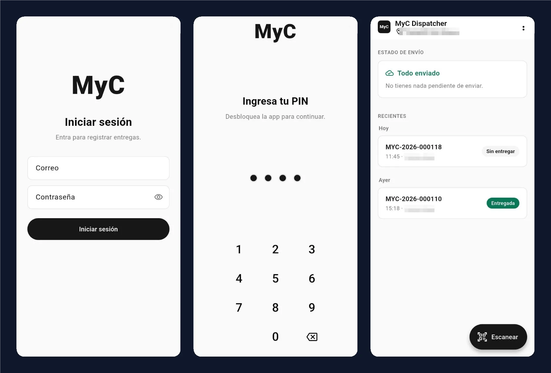 MyC Dispatcher — the Flutter courier app I proposed and built: sign-in and PIN unlock under the brand-neutral MyC mark, and the home screen reporting sync state above the day's scans