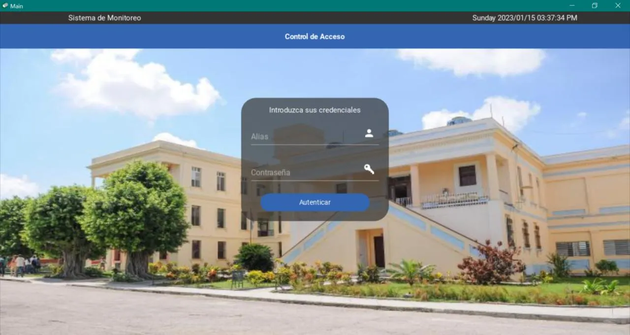 HMI login — operator credential screen against the hospital facade backdrop