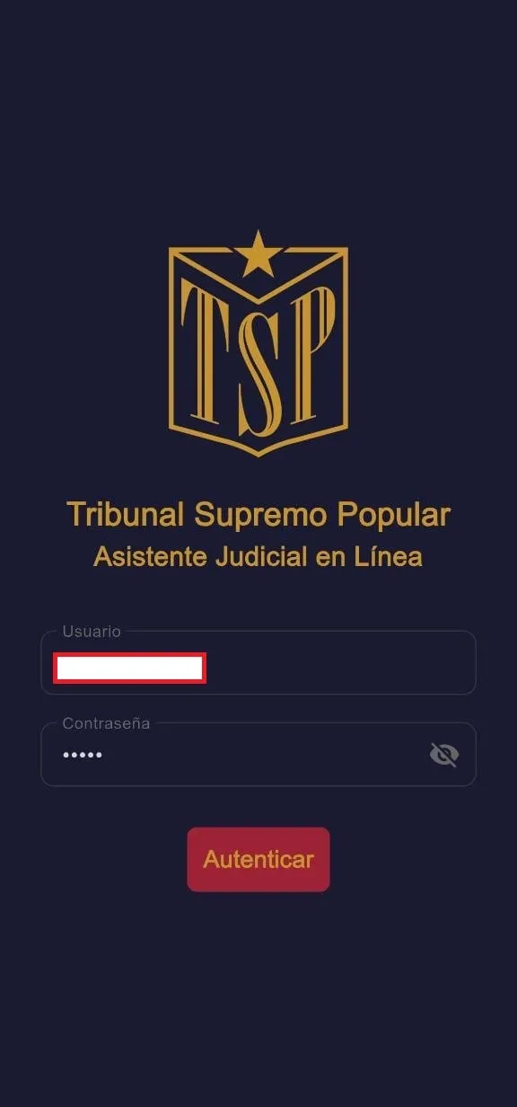 Login screen with Tribunal Supremo Popular emblem and Asistente Judicial en Línea title