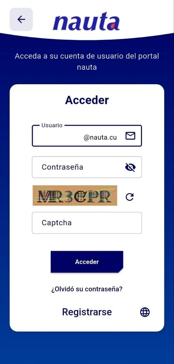 User portal login with captcha — access to the personal Nauta account