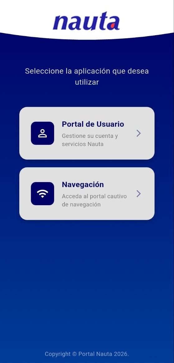 Nauta app entry screen — picker between Portal de Usuario and Navegación
