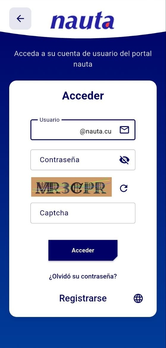 User portal login with captcha — access to the personal Nauta account