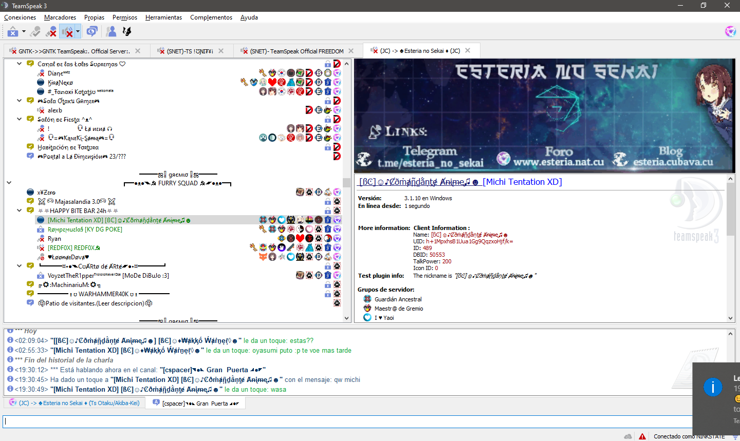 TeamSpeak channel tree in operation — themed rooms, branded ESTERIA NO SEKAI sidebar linking forum, Telegram, Discord, and the community sites