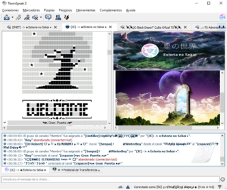 TeamSpeak voice server — welcome ASCII art and Esteria branding on the entry room