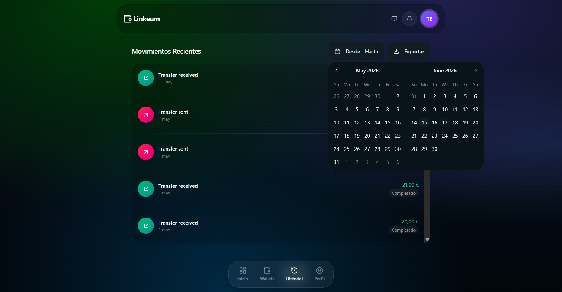 Movement history with date range picker overlay