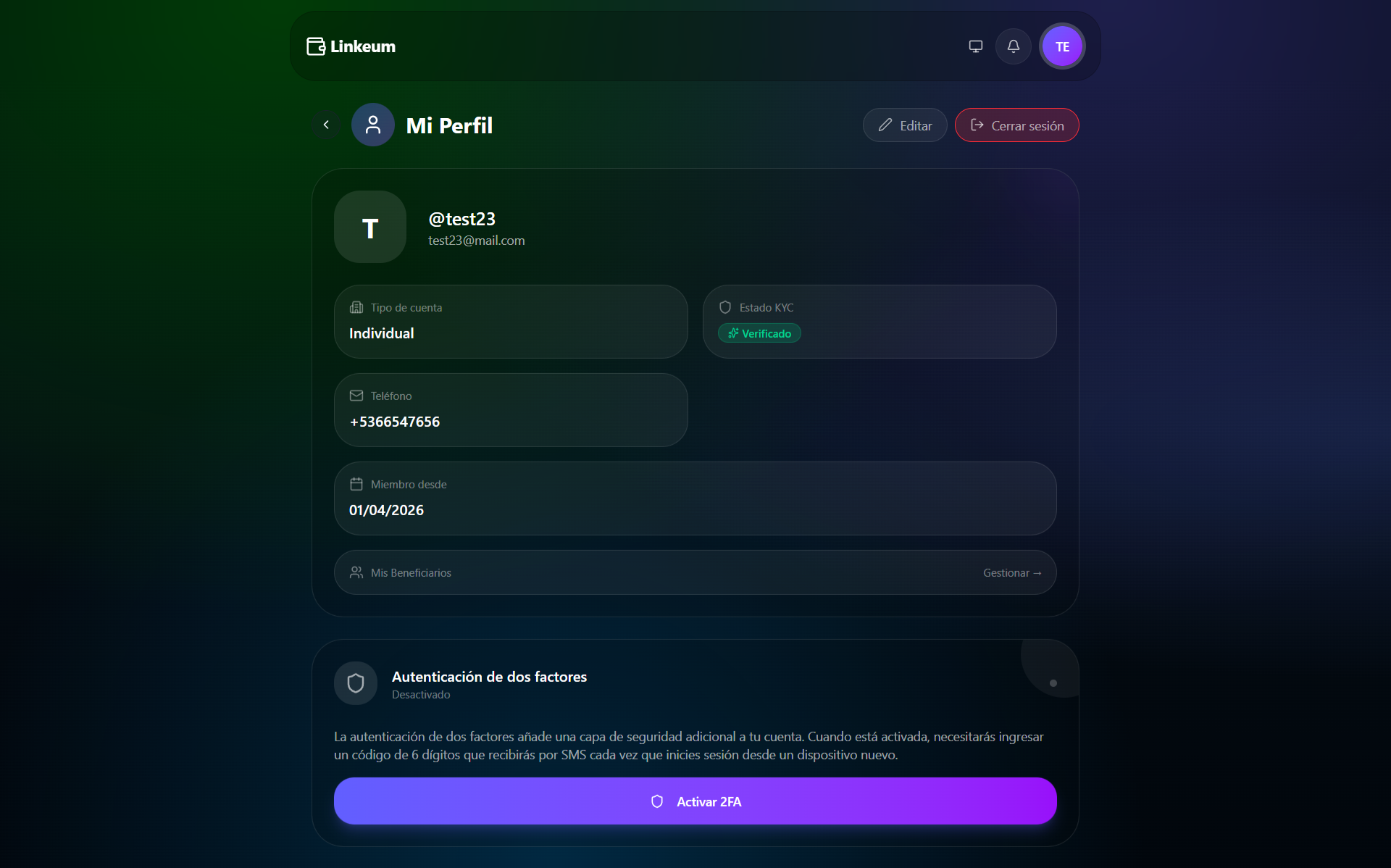 User profile with two-factor authentication section