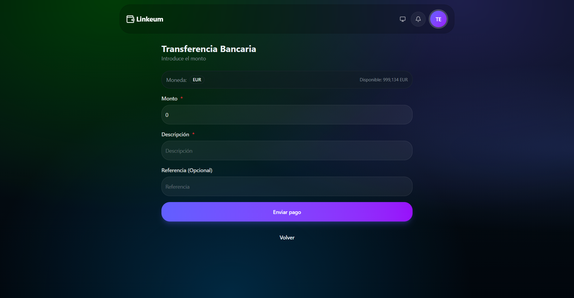 Bank transfer form with currency selector, amount, description, and optional reference
