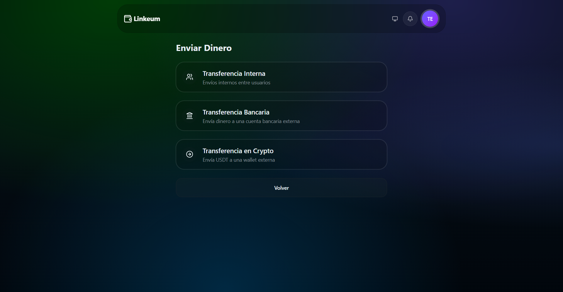 Send money menu with three transfer types: internal, bank, and crypto
