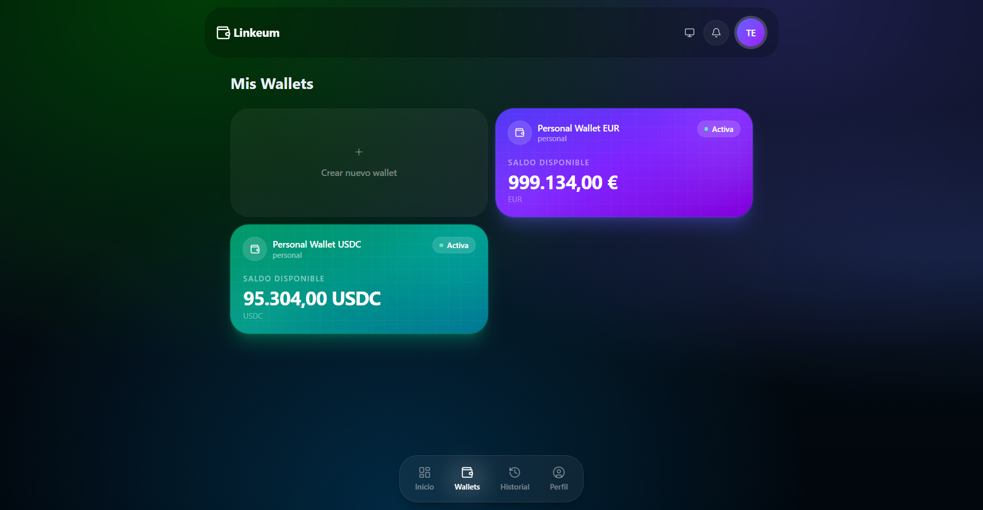 Wallet list showing personal EUR and USDC balances