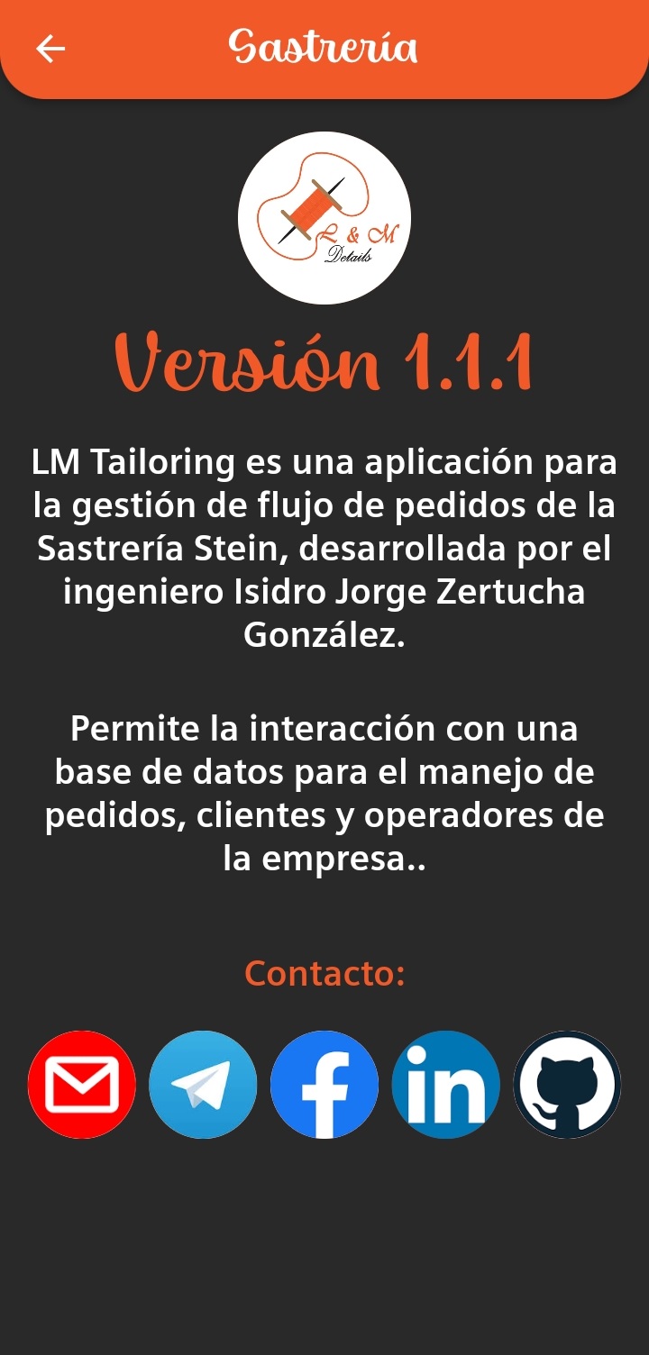 About screen — LM Tailoring v1.1.1, an app for managing the order flow of Sastrería Stein