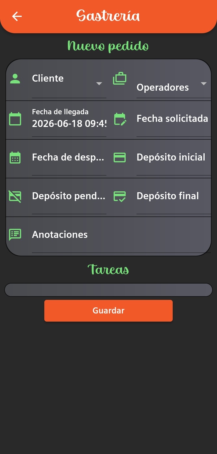 New order form — client, operators, arrival / requested / dispatch dates, deposit tracking, notes, sub-tasks