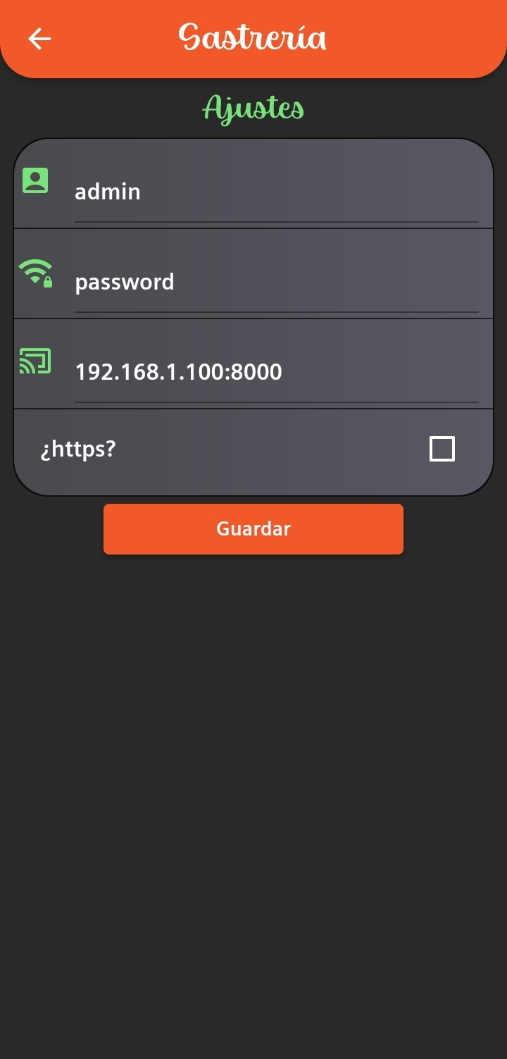 Settings — admin credentials and the on-prem server endpoint (192.168.1.100:8000) the LAN clients point at