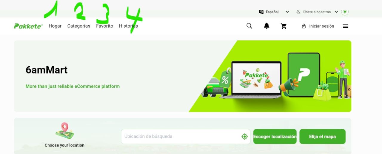 Pakkete web platform hero — 6amMart e-commerce surface, location selector, brand identity