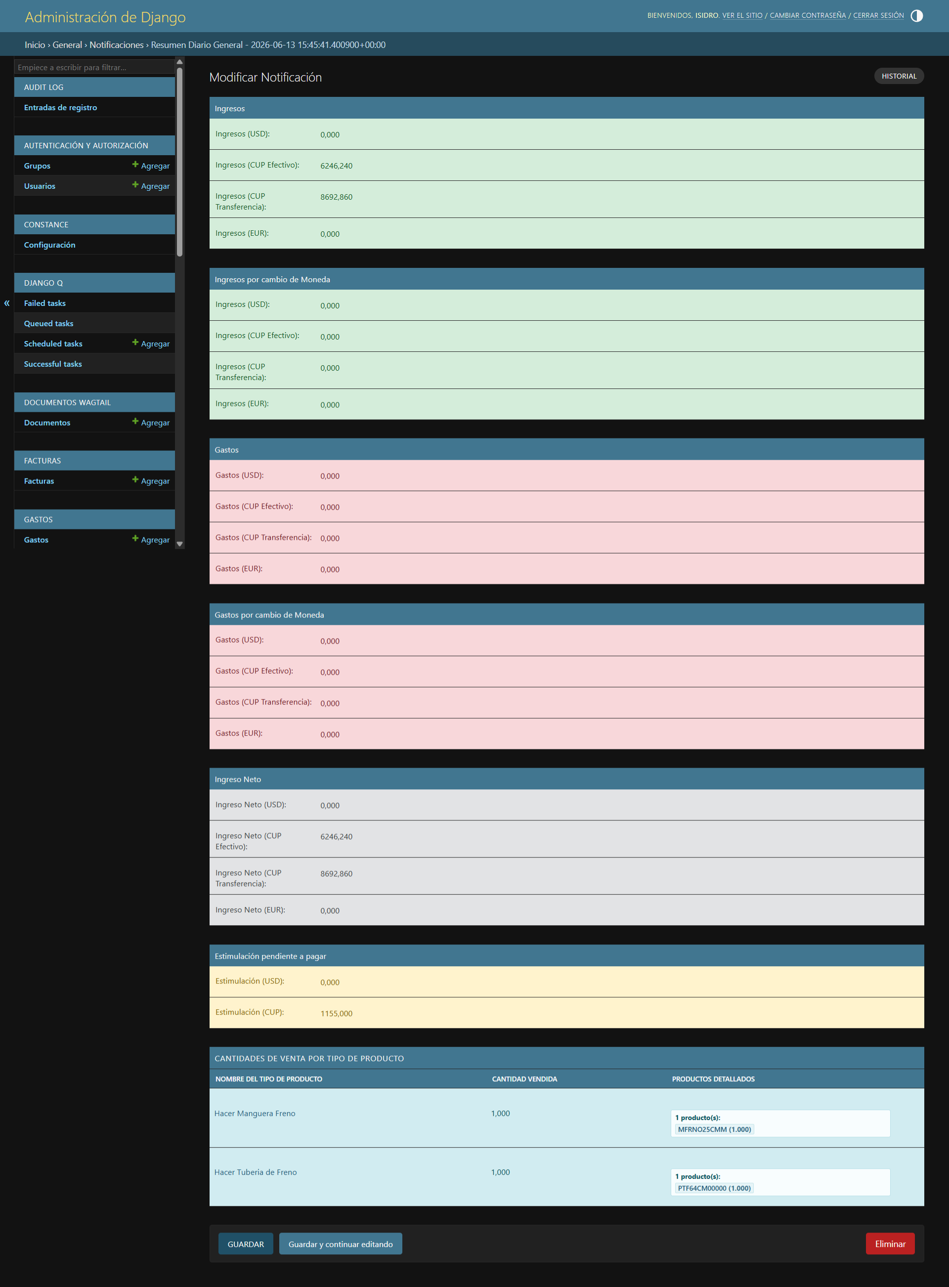 Daily financial summary with multi-currency tracking — USD, CUP (cash + transfer), EUR — income, expenses, net