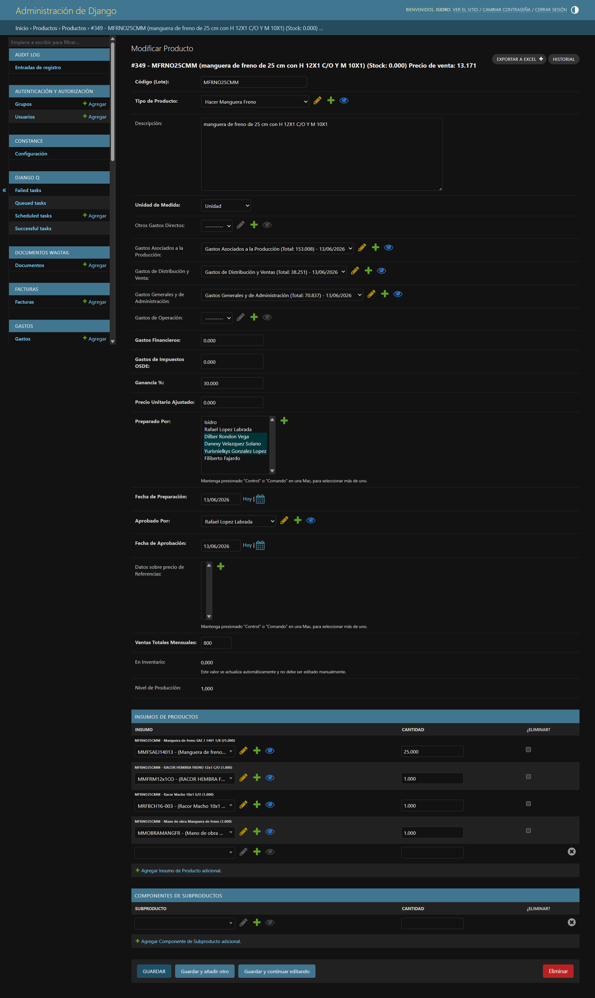 Product edit view with cost components, multi-approver workflow, sub-supplies, and inventory metrics
