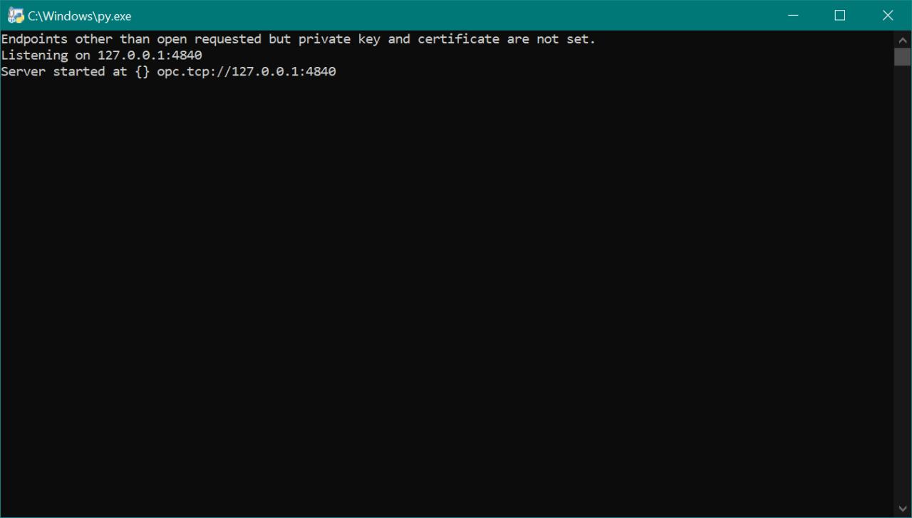 OPC-UA server listening on opc.tcp://127.0.0.1:4840 — the simulated PLC endpoint the HMI was validated against