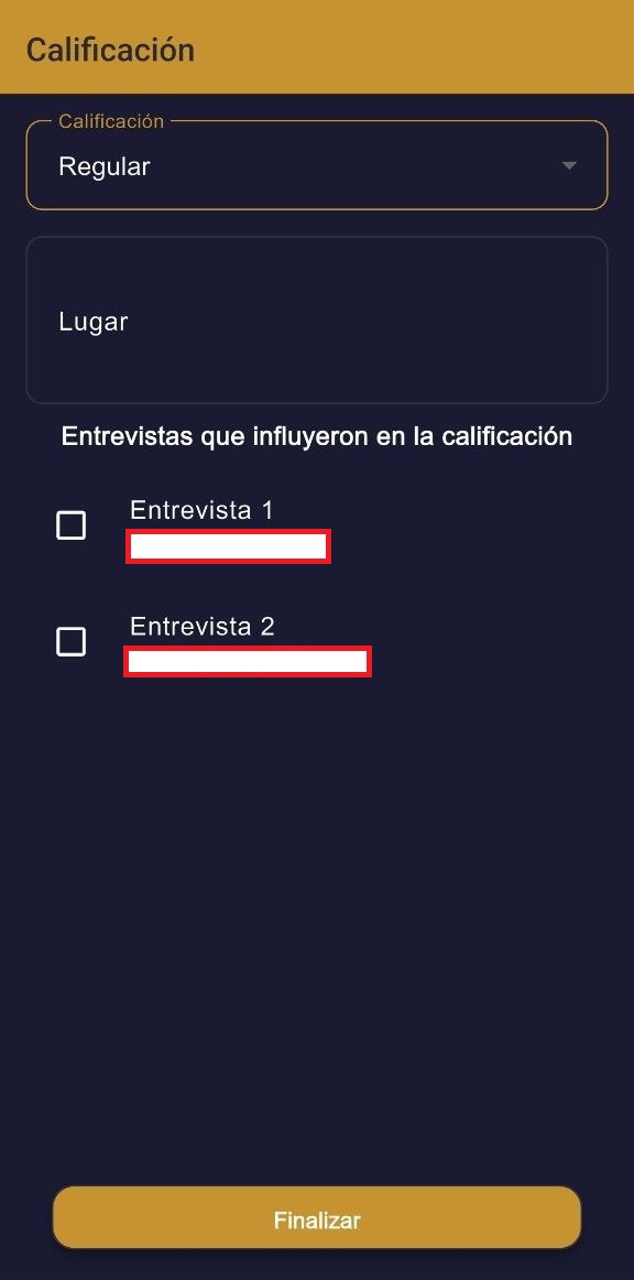 Evaluation form with rating selector, location, and influencing interviews