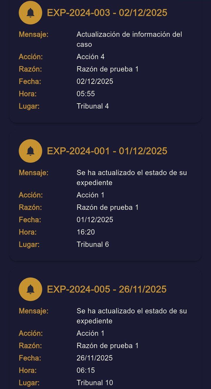 Notification feed of case updates with expediente number, action, reason, tribunal