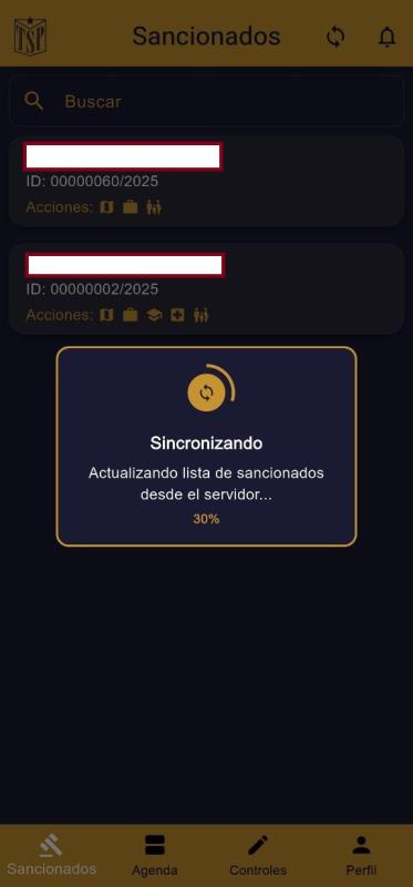 Sancionados list with the offline-first sync modal in progress at 30%